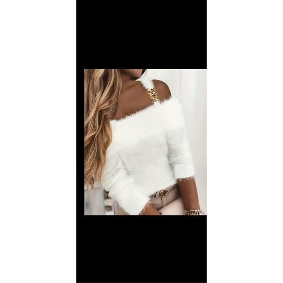 Fuzzy, chain-link, knit Cold shoulder sweater, elegant, long sleeve size 14 lg - Picture 1 of 14